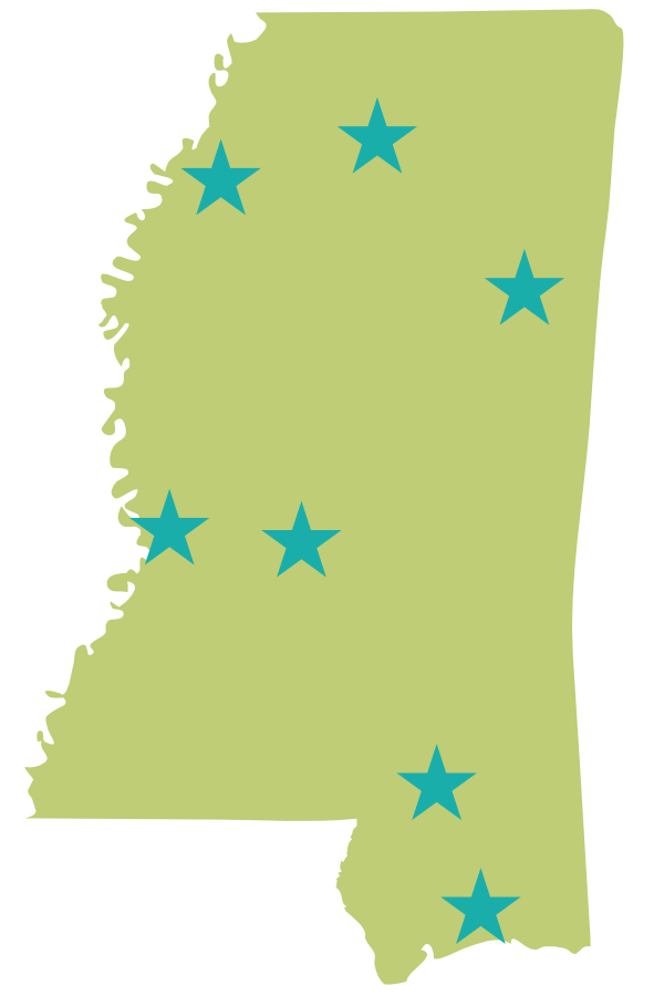 Map of Mississippi with stars locating the regions in the state where Pitch Events will take place